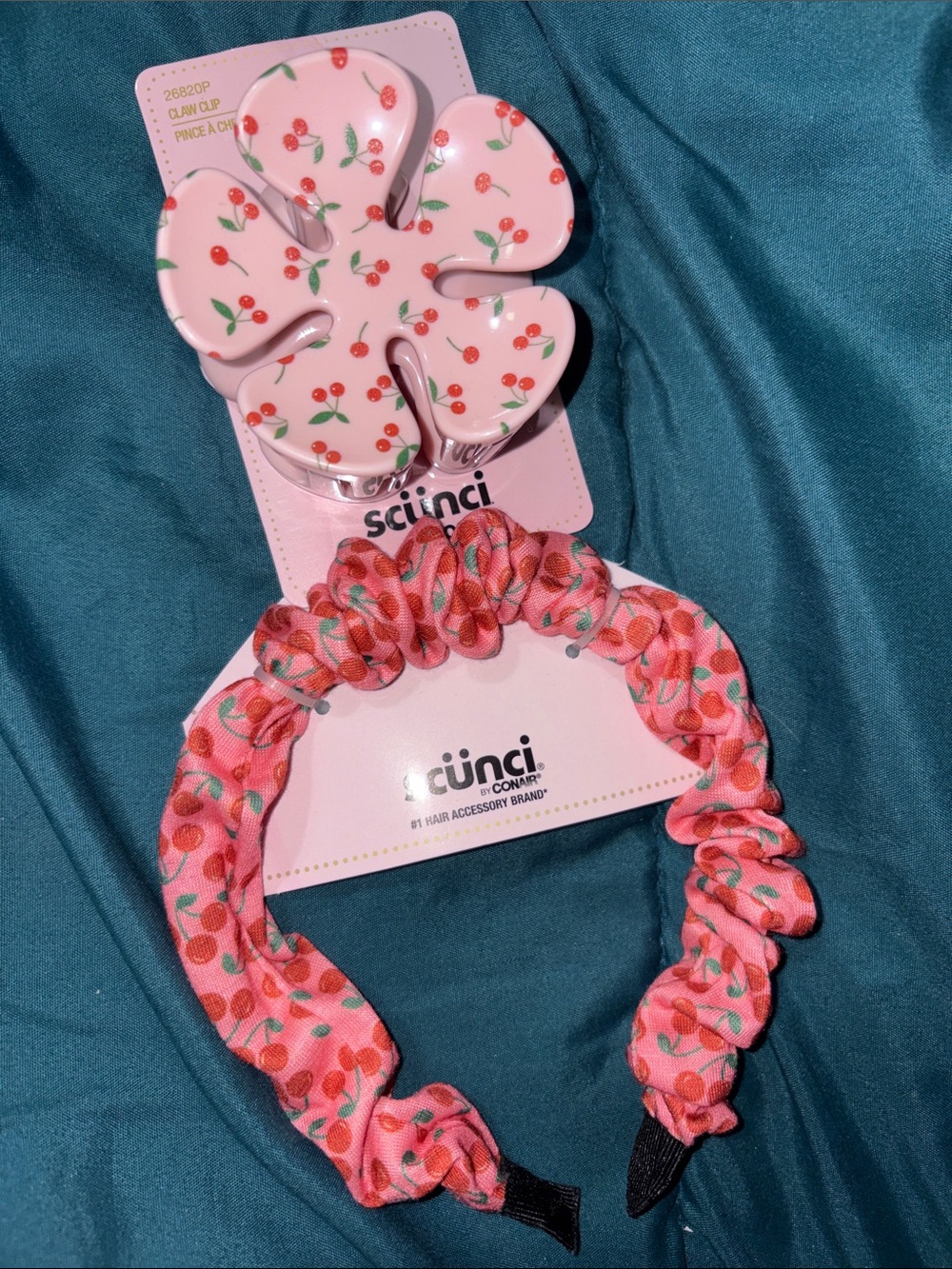 scunci Pink Cherry Print Headband and Flower Clip Set